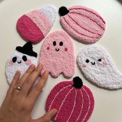 Spooky Pink Halloween Mug Rug, Pumpkin Punch Needle Coaster