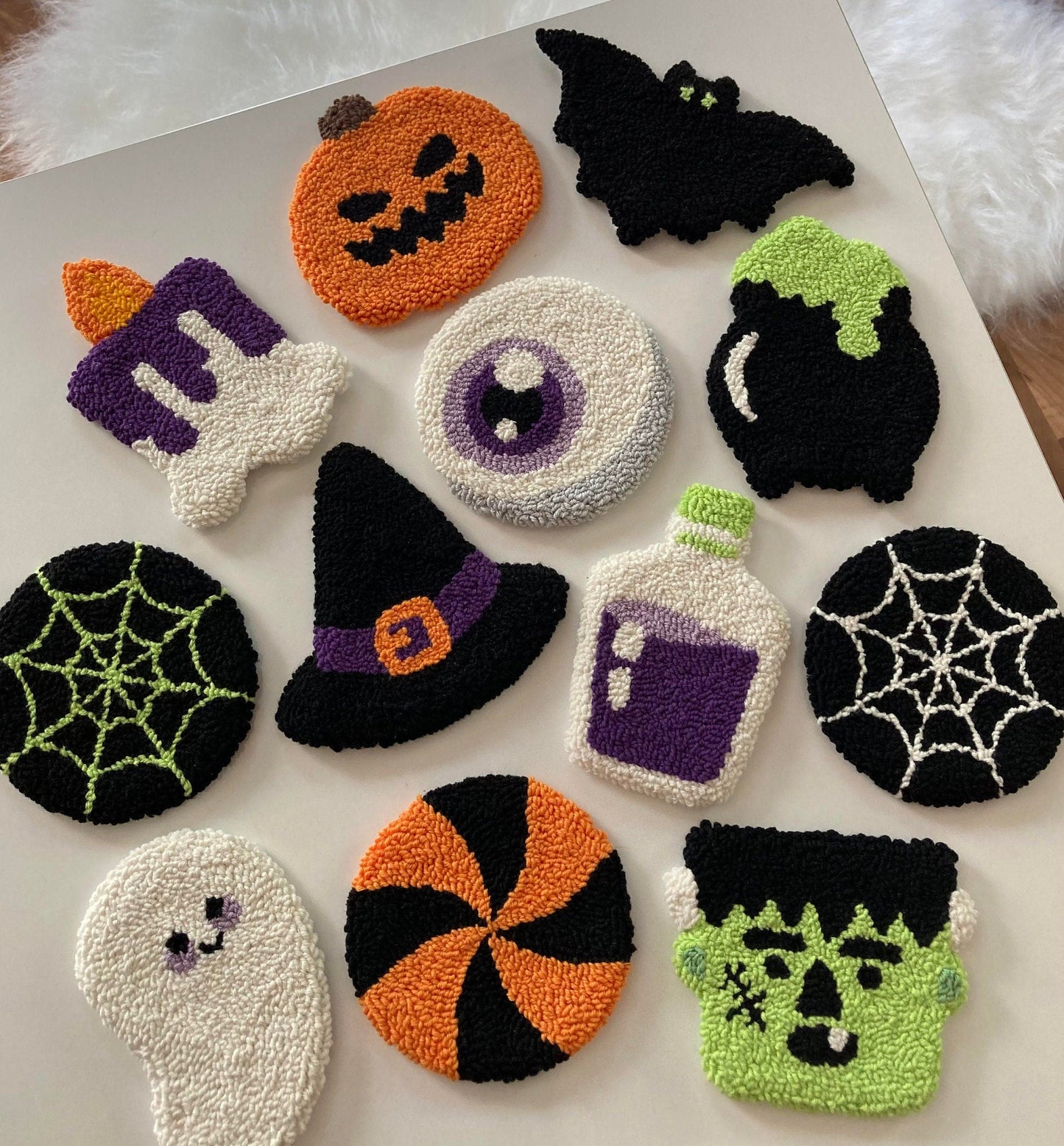 Punch Needle Coasters, Handmade Mug Rug, Halloween Mug Rug, Halloween Decor, Drink Coasters, Spooky Halloween Gift