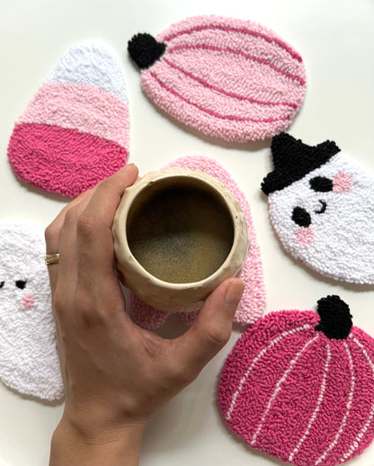 Spooky Pink Halloween Mug Rug, Pumpkin Punch Needle Coaster