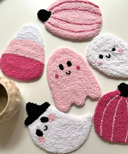 Spooky Pink Halloween Mug Rug, Pumpkin Punch Needle Coaster