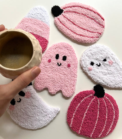 Spooky Pink Halloween Mug Rug, Pumpkin Punch Needle Coaster