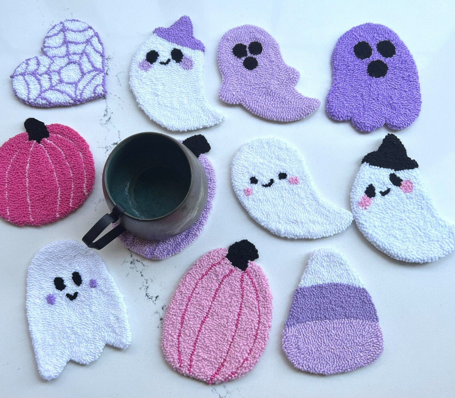 Spooky Pink Halloween Mug Rug, Pumpkin Punch Needle Coaster