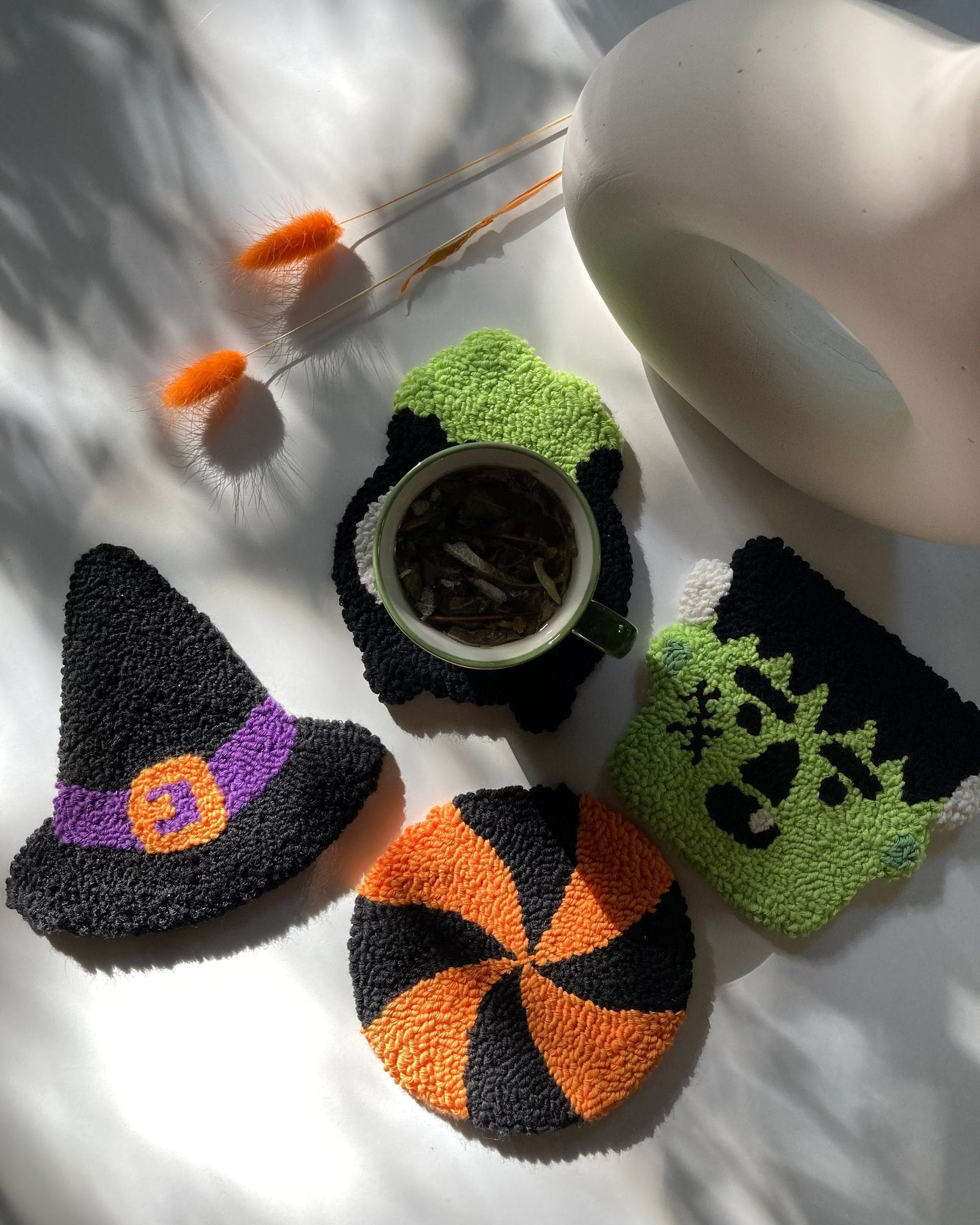 Punch Needle Coasters, Handmade Mug Rug, Halloween Mug Rug, Halloween Decor, Drink Coasters, Spooky Halloween Gift