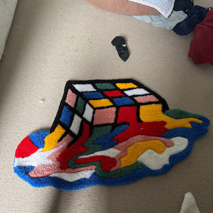 3D Feel Melting Rubiks Cube Hand Tufted Area Rug, Funny Colorful Embroidered Hallway Carpet, Gamer Gift, Tufting Wool Rug, Kids Room Decor