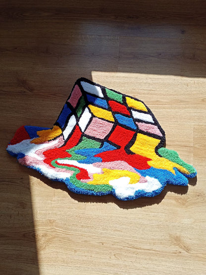 3D Feel Melting Rubiks Cube Hand Tufted Area Rug, Funny Colorful Embroidered Hallway Carpet, Gamer Gift, Tufting Wool Rug, Kids Room Decor