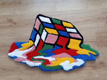 3D Feel Melting Rubiks Cube Hand Tufted Area Rug, Funny Colorful Embroidered Hallway Carpet, Gamer Gift, Tufting Wool Rug, Kids Room Decor