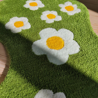 Daisy Flowers Rug Runner Green Meadow With Daisies Hand Tufted Rug