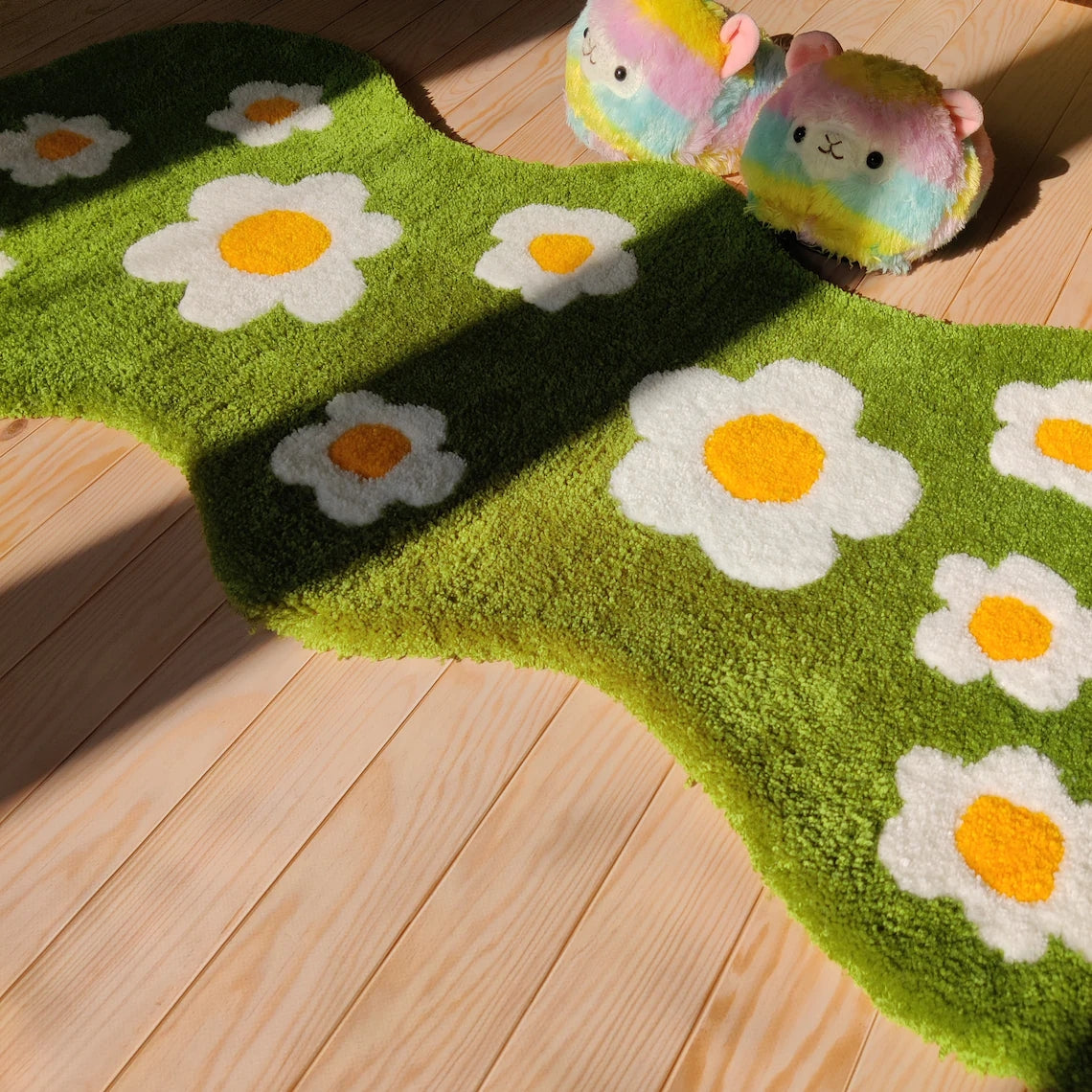 Daisy Flowers Rug Runner Green Meadow With Daisies Hand Tufted Rug