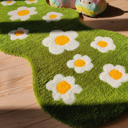 Daisy Flowers Rug Runner Green Meadow With Daisies Hand Tufted Rug