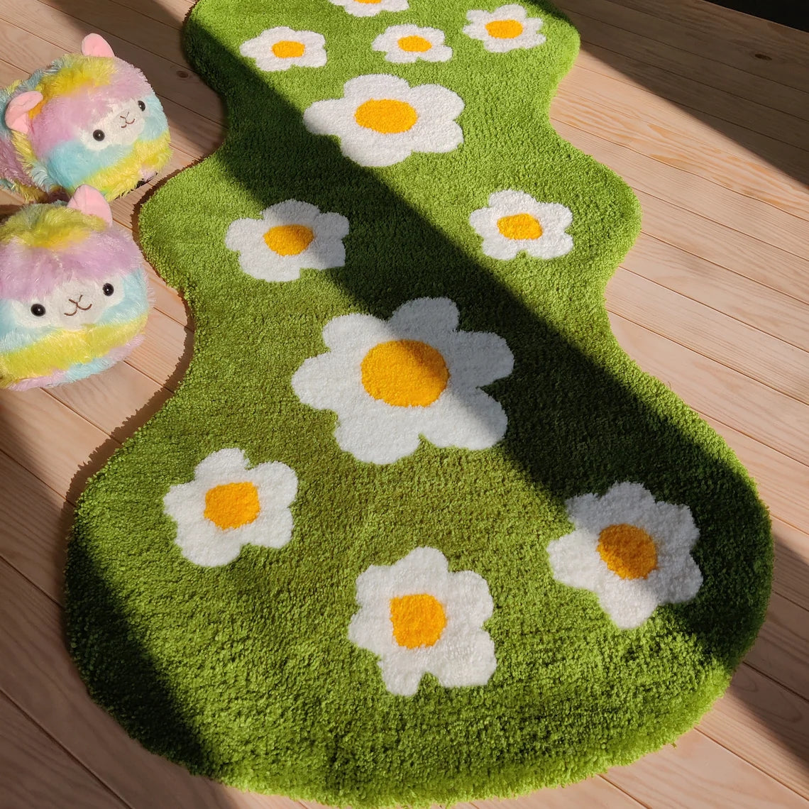 Daisy Flowers Rug Runner Green Meadow With Daisies Hand Tufted Rug