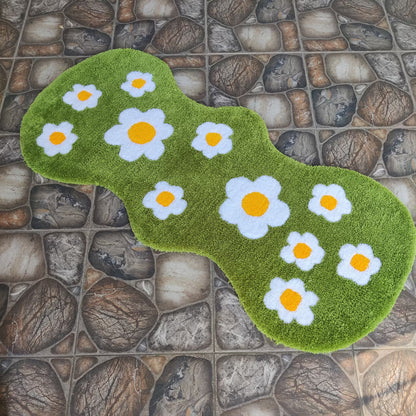 Daisy Flowers Rug Runner Green Meadow With Daisies Hand Tufted Rug